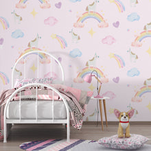 Cargar imagen en el visor de la galería, Papel tapiz fondo rosa con arcoiris y unicornios