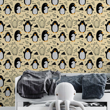 Cargar imagen en el visor de la galería, Papel tapiz beige con pinguinos