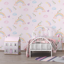 Cargar imagen en el visor de la galería, Papel tapiz fondo rosa con arcoiris y unicornios