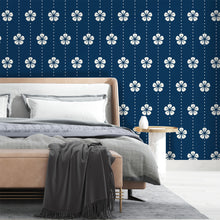 Cargar imagen en el visor de la galería, Papel tapiz azul con flores blancas