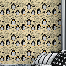 Cargar imagen en el visor de la galería, Papel tapiz beige con pinguinos