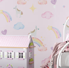 Cargar imagen en el visor de la galería, Papel tapiz fondo rosa con arcoiris y unicornios