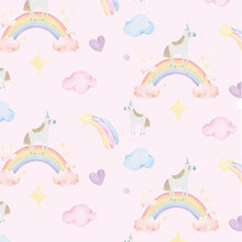 Cargar imagen en el visor de la galería, Papel tapiz fondo rosa con arcoiris y unicornios