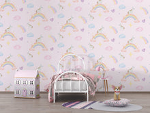 Cargar imagen en el visor de la galería, Papel tapiz fondo rosa con arcoiris y unicornios