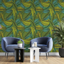 Cargar imagen en el visor de la galería, Papel tapiz hojas verde, azul y amarillo
