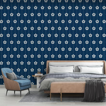 Cargar imagen en el visor de la galería, Papel tapiz azul con flores blancas
