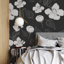 Cargar imagen en el visor de la galería, Papel tapiz fondo oscuro flores blancas
