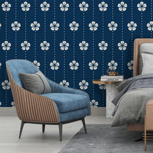 Cargar imagen en el visor de la galería, Papel tapiz azul con flores blancas
