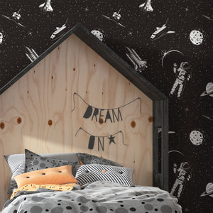 Papel tapiz negro con astronautas y naves espaciales