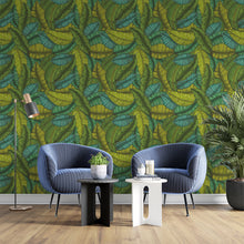 Cargar imagen en el visor de la galería, Papel tapiz hojas verde, azul y amarillo
