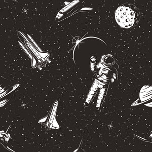 Papel tapiz negro con astronautas y naves espaciales